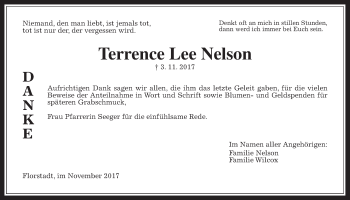Traueranzeige von Terrence Lee Nelson von Wetterauer Zeitung, Wetterauer Zeitung