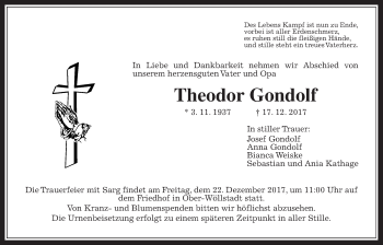 Traueranzeige von Theodor Gondolf von Wetterauer Zeitung, Wetterauer Zeitung