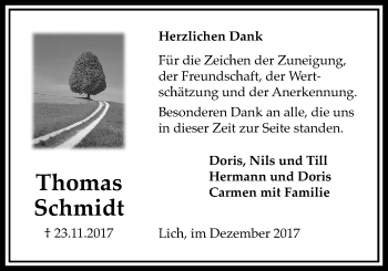 Traueranzeige von Thomas Schmidt von Giessener Allgemeine, Alsfelder Allgemeine