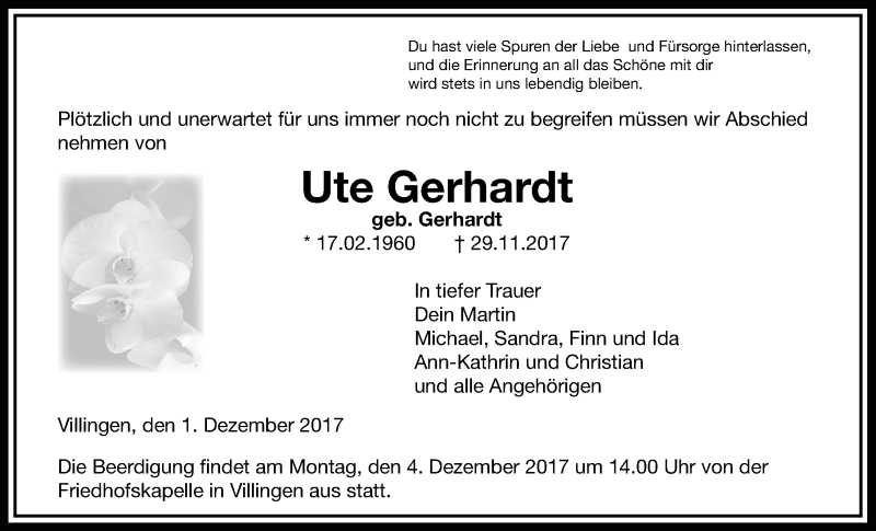  Traueranzeige für Ute Gerhardt vom 01.12.2017 aus Giessener Allgemeine, Alsfelder Allgemeine