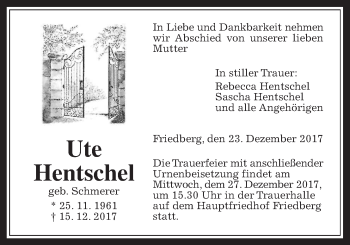 Traueranzeige von Ute Hentschel von Wetterauer Zeitung, Wetterauer Zeitung