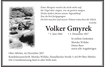 Traueranzeige von Volker Gmyrek von Wetterauer Zeitung, Wetterauer Zeitung