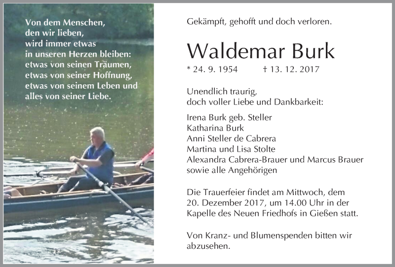  Traueranzeige für Waldemar Burk vom 16.12.2017 aus Giessener Allgemeine, Alsfelder Allgemeine