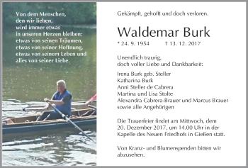 Traueranzeige von Waldemar Burk von Giessener Allgemeine, Alsfelder Allgemeine
