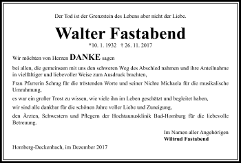 Traueranzeige von Walter Fastabend von Giessener Allgemeine, Alsfelder Allgemeine