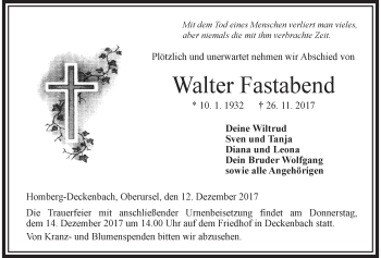 Traueranzeige von Walter Fastabend von Giessener Allgemeine, Alsfelder Allgemeine