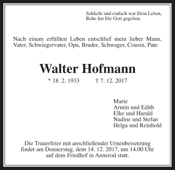 Traueranzeige von Walter Hofmann von Giessener Allgemeine, Alsfelder Allgemeine