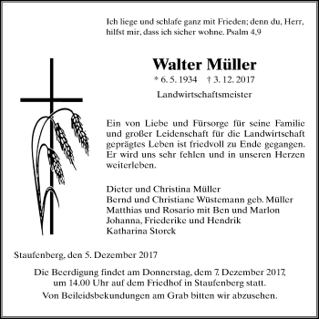 Traueranzeige von Walter Müller von Giessener Allgemeine, Alsfelder Allgemeine