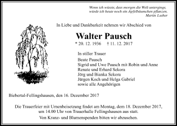 Traueranzeige von Walter Pausch von Giessener Allgemeine, Alsfelder Allgemeine