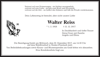 Traueranzeige von Walter Reiss von Wetterauer Zeitung, Wetterauer Zeitung