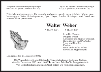 Traueranzeige von Walter Weber von Giessener Allgemeine, Alsfelder Allgemeine