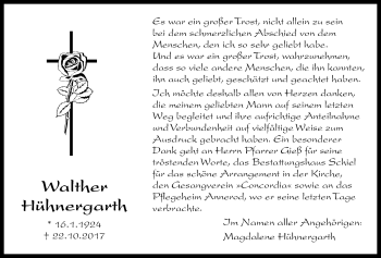 Traueranzeige von Walther Hühnergarth von Licher Wochenblatt, Licher Wochenblatt, Licher Wochenblatt