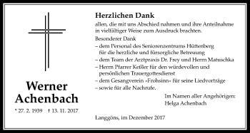 Traueranzeige von Werner Achenbach von Giessener Allgemeine, Alsfelder Allgemeine