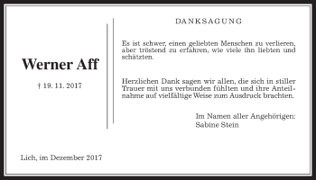 Traueranzeige von Werner Aff von Giessener Allgemeine, Alsfelder Allgemeine