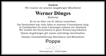 Traueranzeige von Werner Dönges von Giessener Allgemeine, Alsfelder Allgemeine