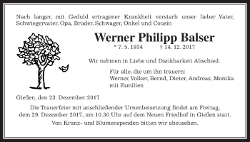 Traueranzeige von Werner Philipp Balser von Giessener Allgemeine, Alsfelder Allgemeine