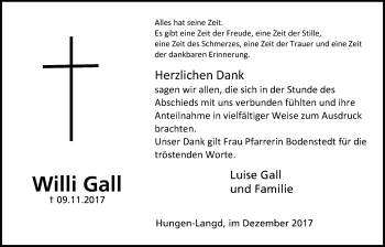 Traueranzeige von Willi Gall von Licher Wochenblatt, Licher Wochenblatt, Licher Wochenblatt
