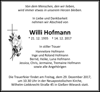 Traueranzeige von Willi Hofmann von Giessener Allgemeine, Alsfelder Allgemeine