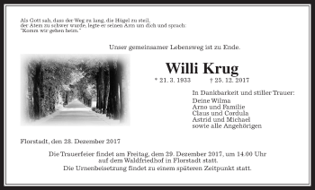 Traueranzeige von Willi Krug von Wetterauer Zeitung, Wetterauer Zeitung