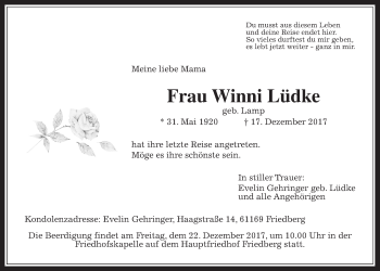 Traueranzeige von Winni Lüdke von Wetterauer Zeitung, Wetterauer Zeitung