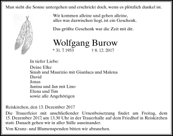 Traueranzeige von Wolfgang Burow von Giessener Allgemeine, Alsfelder Allgemeine
