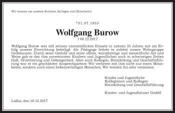 Traueranzeige von Wolfgang Burow von Giessener Allgemeine, Alsfelder Allgemeine, Wetterauer Zeitung, Wetterauer Zeitung