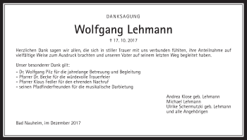 Traueranzeige von Wolfgang Lehmann von Wetterauer Zeitung, Wetterauer Zeitung