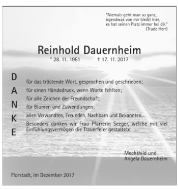 Traueranzeige von Reinhold Dauernheim von Wetterauer Zeitung, Wetterauer Zeitung