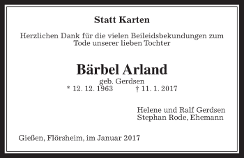 Traueranzeige von Bärbel Arland von Giessener Allgemeine, Alsfelder Allgemeine