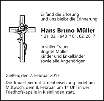 Traueranzeige von Hans Bruno Müller von Giessener Allgemeine, Alsfelder Allgemeine