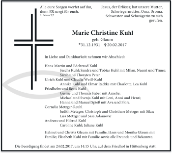 Traueranzeige von Marie Christine Kuhl von Giessener Allgemeine, Alsfelder Allgemeine