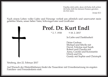 Traueranzeige von Kurt Endl von Giessener Allgemeine, Alsfelder Allgemeine