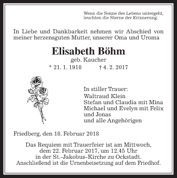 Traueranzeige von Elisabeth Böhm von Wetterauer Zeitung, Wetterauer Zeitung