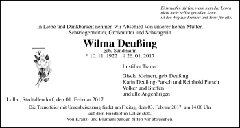 Traueranzeige von Wilma Deußing von Giessener Allgemeine, Alsfelder Allgemeine