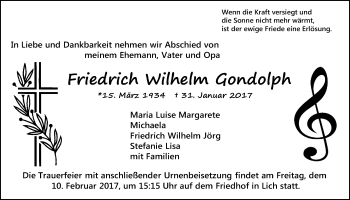 Traueranzeige von Friedrich-Wilhelm Gondolph von Giessener Allgemeine, Alsfelder Allgemeine