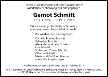 Traueranzeige von Gernot Schmitt von Giessener Allgemeine, Alsfelder Allgemeine