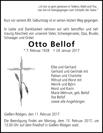 Traueranzeige von Otto Bellof von Giessener Allgemeine, Alsfelder Allgemeine