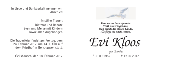Traueranzeige von Evi Kloos von Giessener Allgemeine, Alsfelder Allgemeine