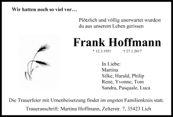 Traueranzeige von Frank Hoffmann von Licher Wochenblatt, Licher Wochenblatt, Licher Wochenblatt
