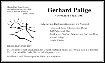 Traueranzeige von Gerhard Palige von Giessener Allgemeine, Alsfelder Allgemeine
