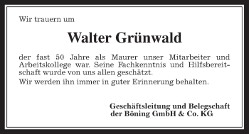 Traueranzeige von Walter Grünwald von Giessener Allgemeine, Alsfelder Allgemeine