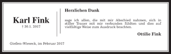 Traueranzeige von Karl Fink von Giessener Allgemeine, Alsfelder Allgemeine