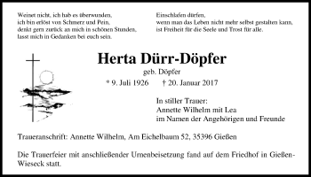 Traueranzeige von Herta Dürr-Döpfer von Giessener Allgemeine, Alsfelder Allgemeine