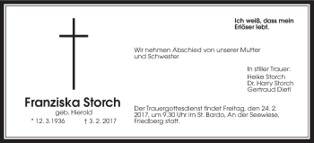 Traueranzeige von Franziska Storch von Wetterauer Zeitung, Wetterauer Zeitung