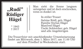 Traueranzeige von Rüdiger Hägel von Wetterauer Zeitung, Wetterauer Zeitung