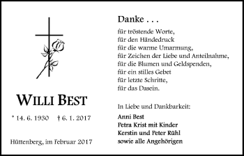Traueranzeige von Willi Best von Giessener Allgemeine, Alsfelder Allgemeine
