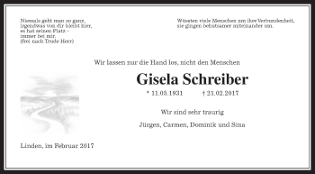 Traueranzeige von Gisela Schreiber von Giessener Allgemeine, Alsfelder Allgemeine
