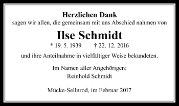 Traueranzeige von Ilse Schmidt von Giessener Allgemeine, Alsfelder Allgemeine