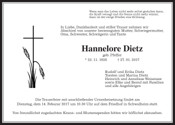 Traueranzeige von Hannelore Dietz von Wetterauer Zeitung, Wetterauer Zeitung