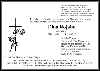 Traueranzeige von Dina Rojahn von Giessener Allgemeine, Alsfelder Allgemeine